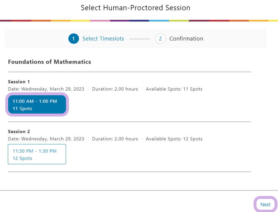 Select Human-Proctored session window featuring a selected timeslot and the Next button selected.