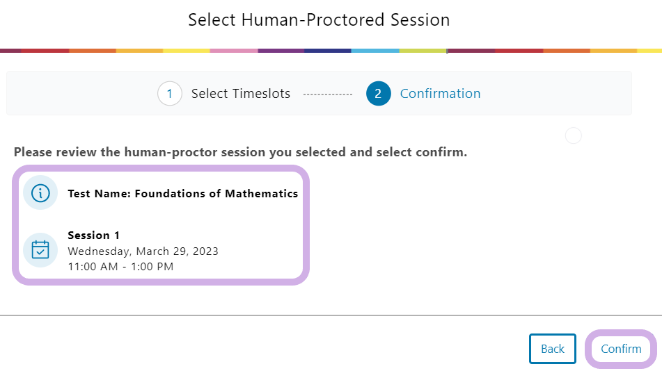 Select Human-Proctored session window featuring the confirmation page.