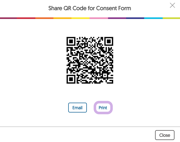 Share QR code window with the print button highlighted.