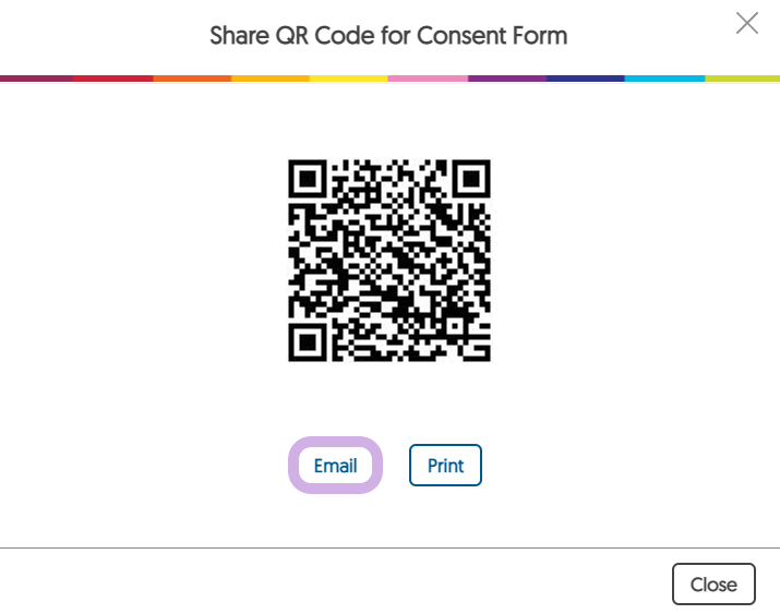 Share QR code window with the Email button highlighted.