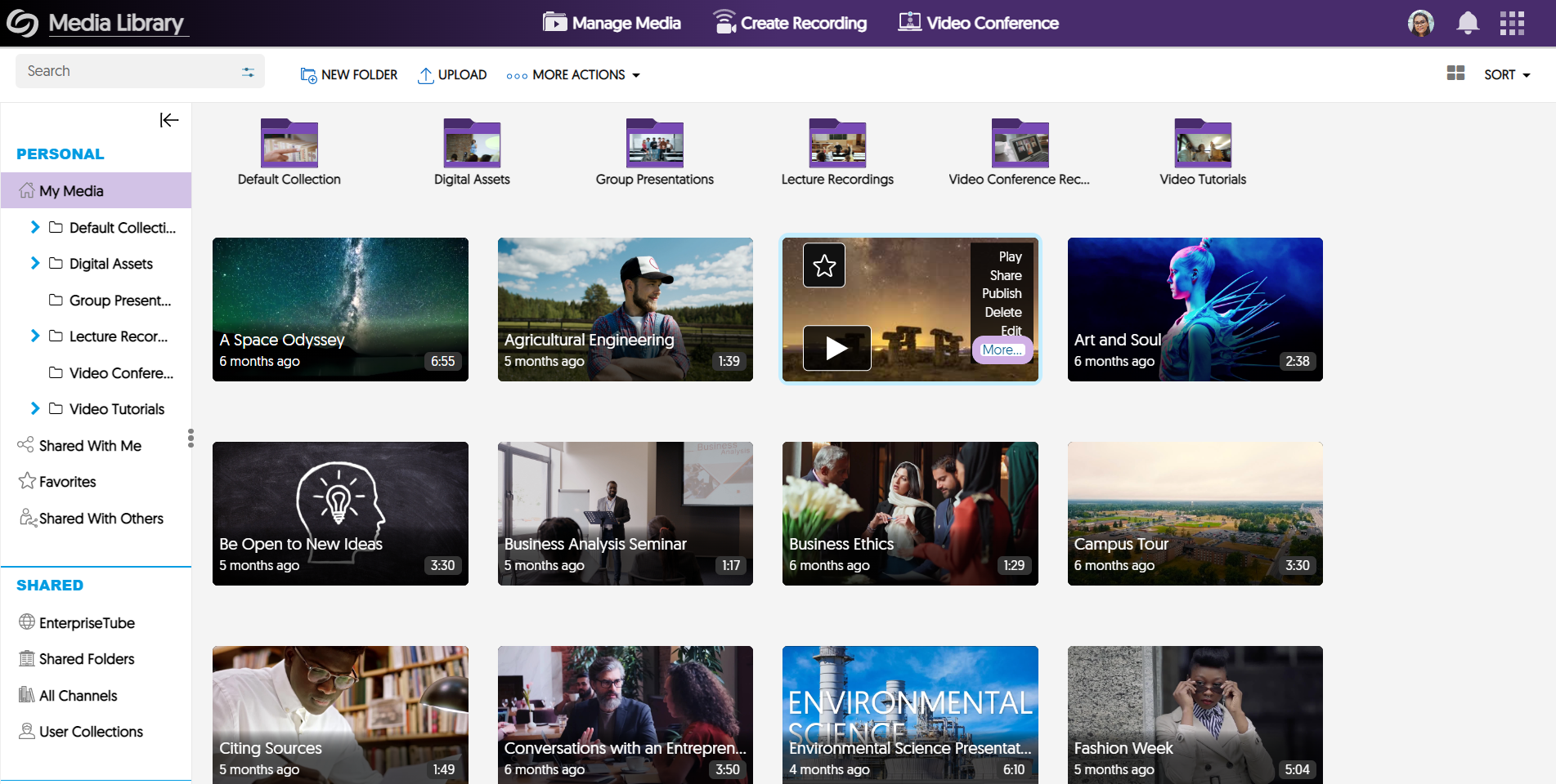 My Media library features a media asset with the more option selected on the thumbnail.
