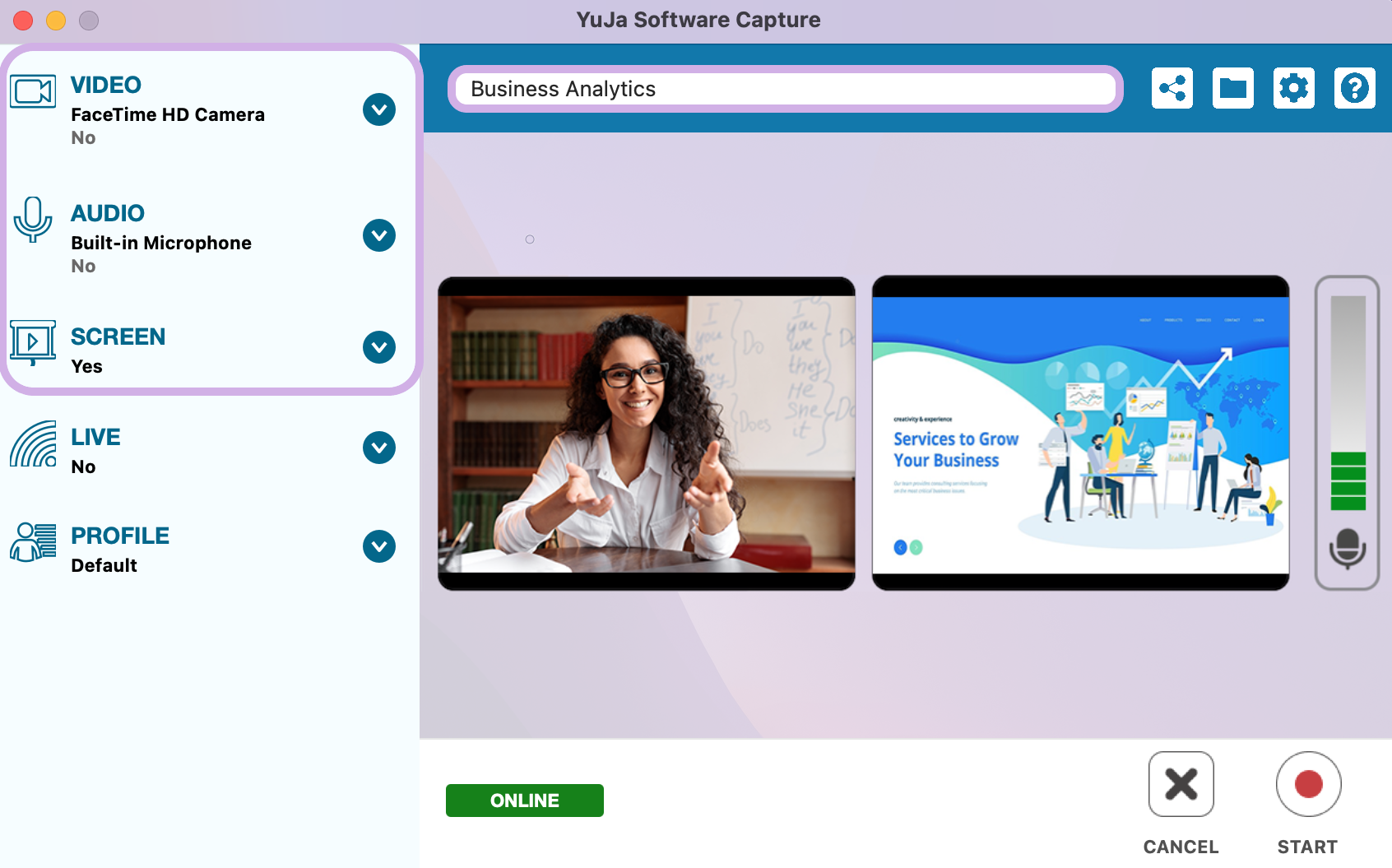 The Software Capture confidence monitor with the title text box and left-hand video, audio, and screen settings highlighted.