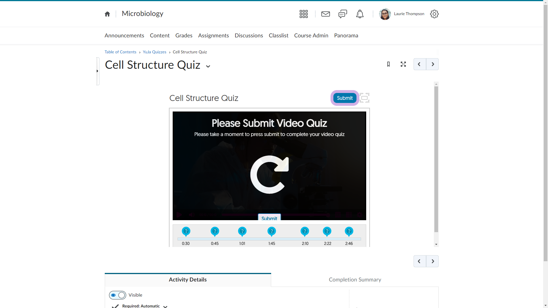 A video quiz has been completed and the Submit button is highlighted in D2L.