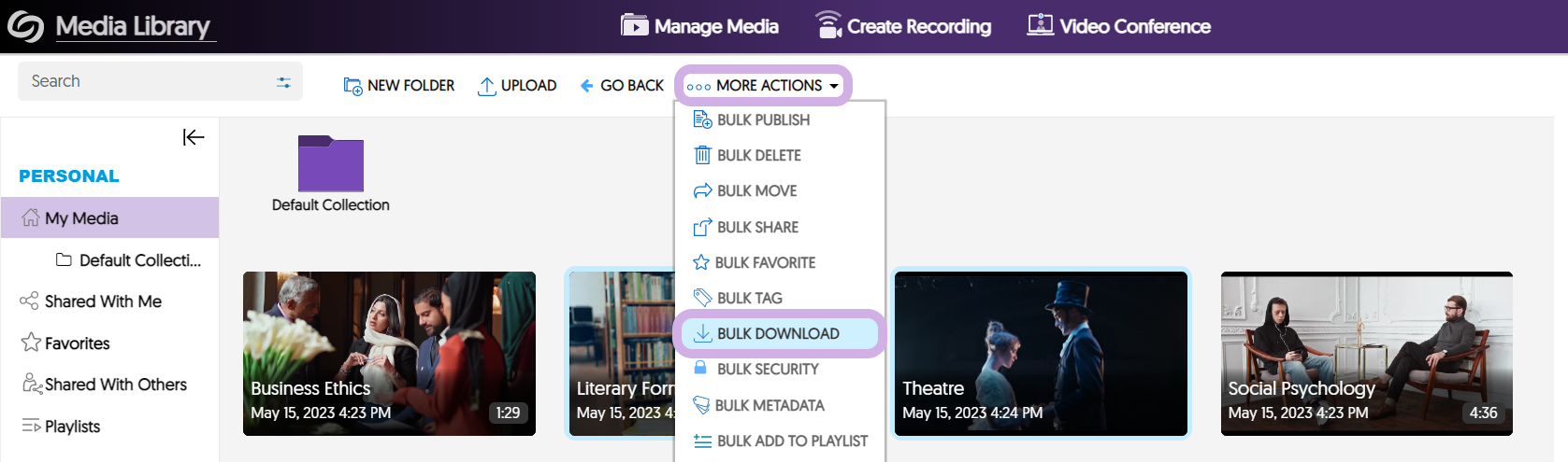The video platform with the More Actions menu selected and Bulk Download highlighted.