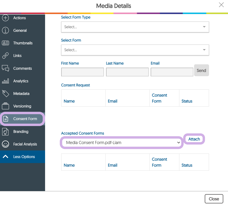 The media details panel features the Consent Form tab where users can add accepted consent forms.