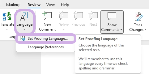 In Microsoft Word, the Language tab is highlighted along with the Set Proofing Language... tab.