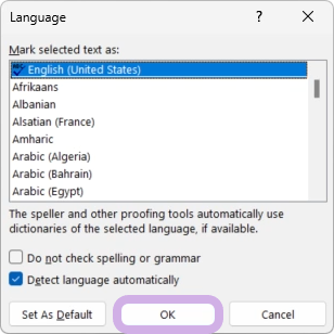 English is selected in the Language window, and the OK button is highlighted.