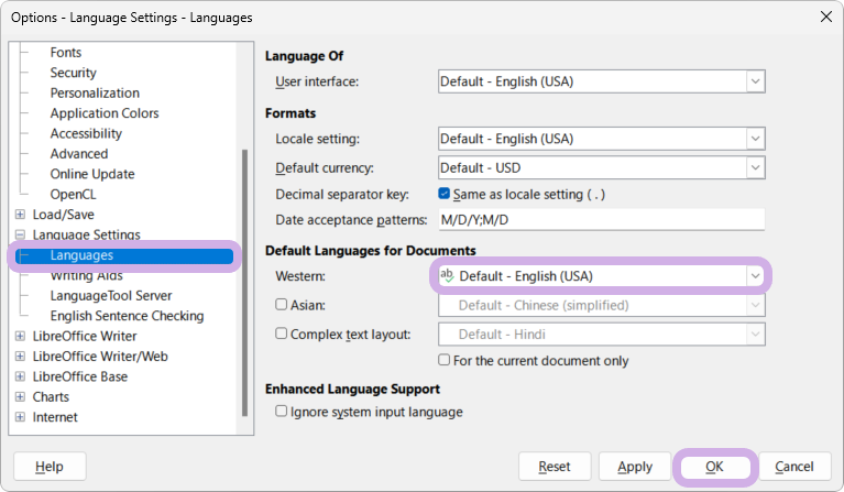 In LibreOffice Writer, the Options window is open and Languages tab is selected and highlighted. Under Default Languages for Documents, English is selected, and the OK button is highlighted.