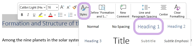 The Styles tab is highlighted in the Mini Toolbar, along with Heading 1.