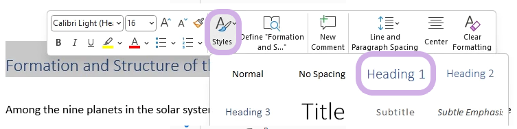 The Styles tab is highlighted in the Mini Toolbar, along with Heading 1.