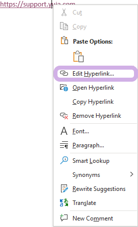 A hyperlink has been right-clicked and the Edit Hyperlink... setting is highlighted.