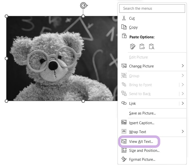An image of a teddy bear in front of a chalkboard has been right-clicked and the View Alt Text... setting is highlighted.
