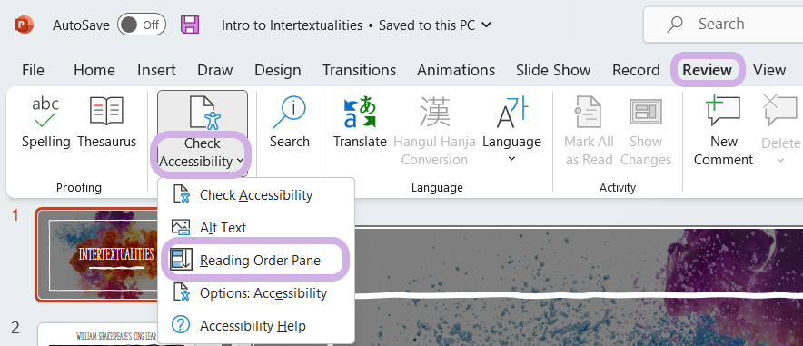 PowerPoint is open and the Review tab, Check Accessibility drop-down menu, and Reading Order Pane are highlighted.