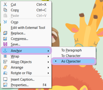 The Anchor tab is highlighted in LibreOffice Writer, along with the As Character setting.