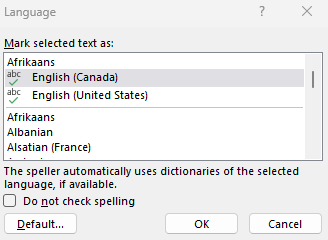 English is the selected language in the Language window.