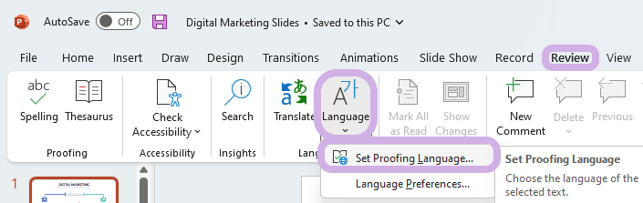 The Language tab is highlighted in the Ribbon, along with the Set Proofing Language... setting.