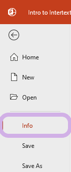 The Info tab is highlighted in Microsoft PowerPoint.