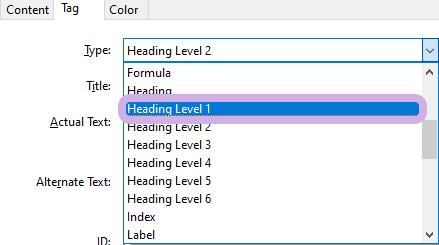Heading Level 1 is highlighted.
