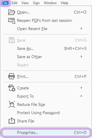 The File button is highlighted along with the Properties.