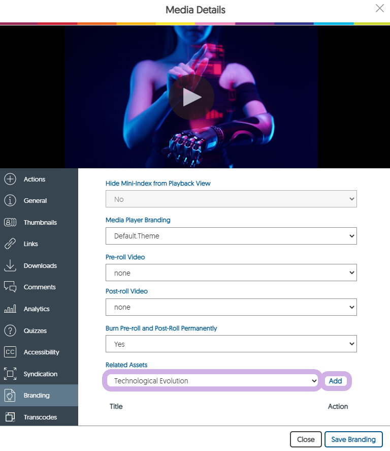 The branding tab features a Related Assets drop-down menu to add related video assets.