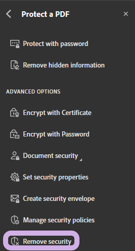 Under Advanced Options, the Remove security button is highlighted.