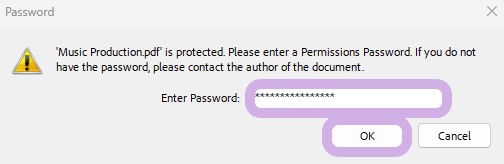 The Password dialog is open, and the password field and OK button are highlighted.