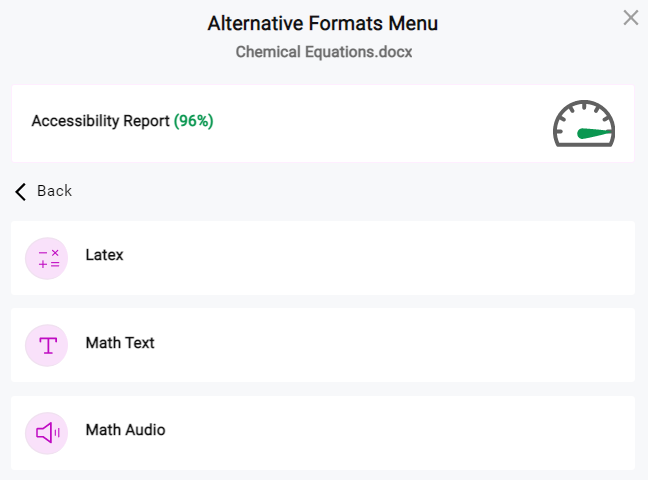 Math alternative Formats menu.