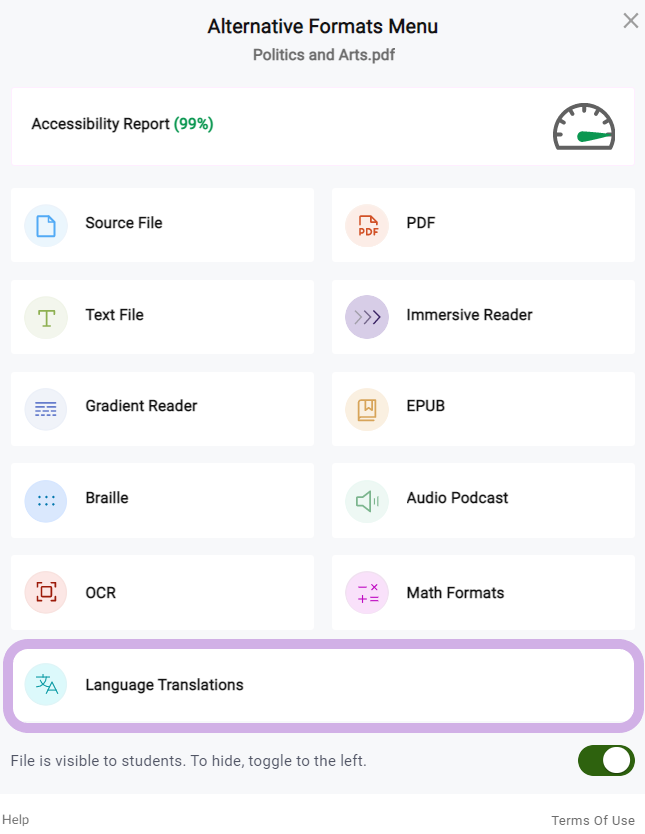 Language Translation is highlighted in the Alternative Formats menu.