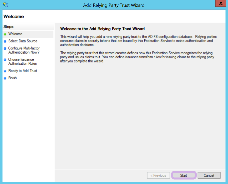 The Add Relying Party Trust Wizard asking the user to start the process by completing several steps.