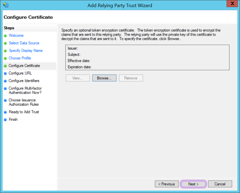 The next button is shown highlighted in the Configure Certificate step.