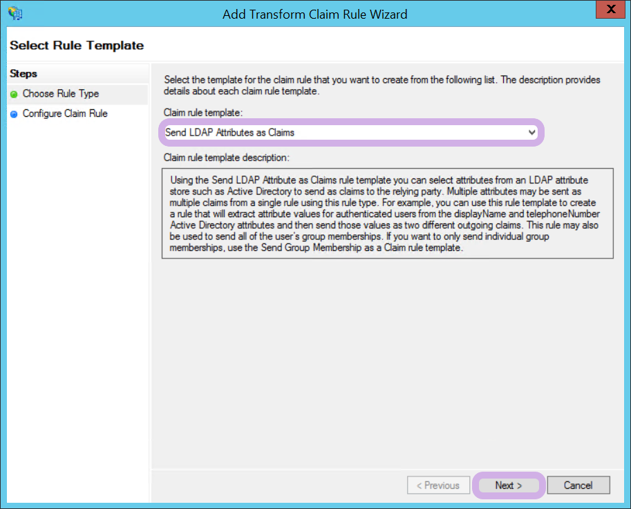 Send LDAP attributes as claims is selected from the drop-down menu and the next button is highlighted.