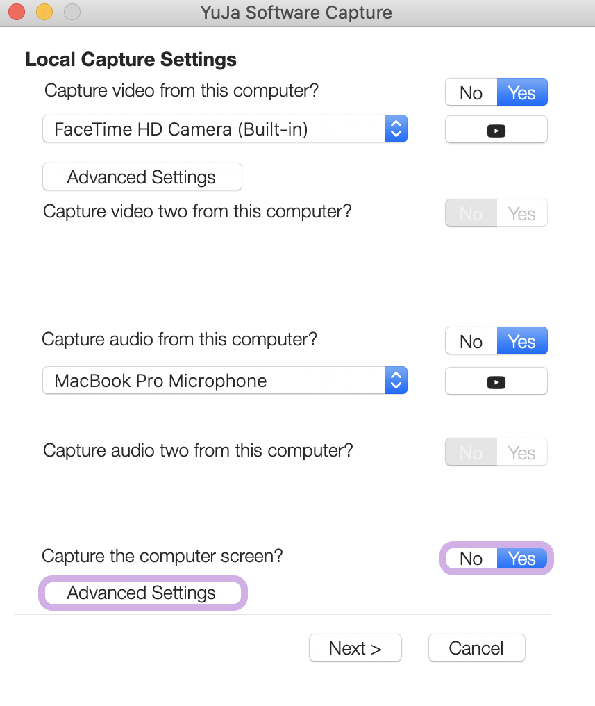 Screen source is enabled and advanced settings is highlighted.
