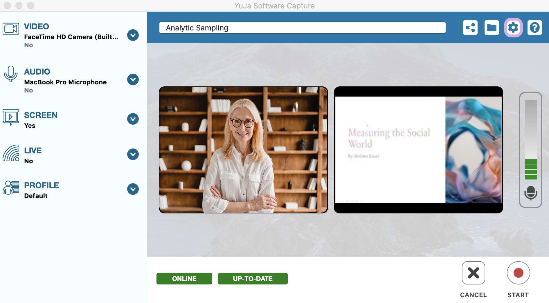 The settings icon is highlighted from the Confidence Monitor of the Software Capture application.