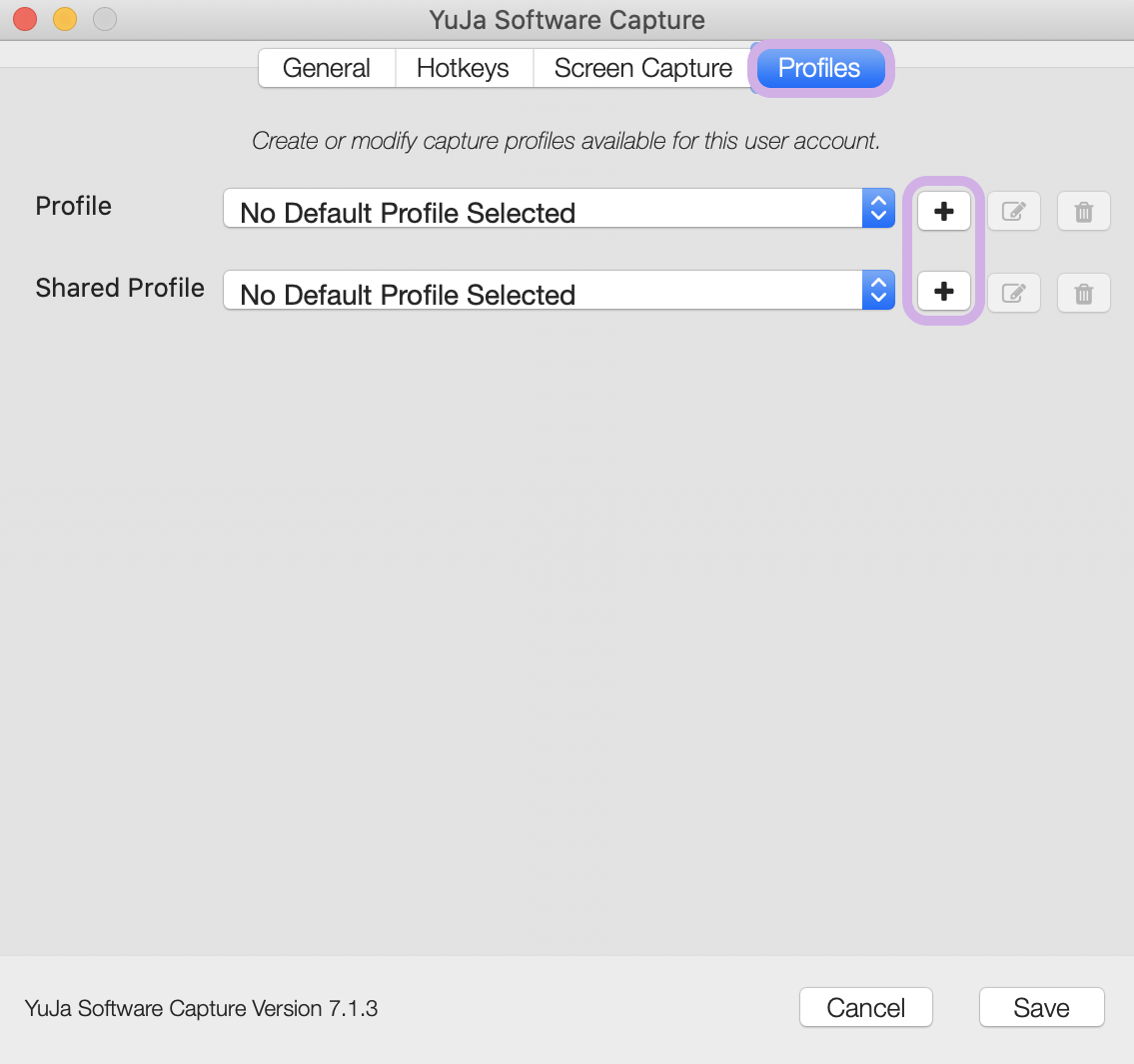 Profiles settings tab. The plus icons are highlighted from Profile and Shared Profile.