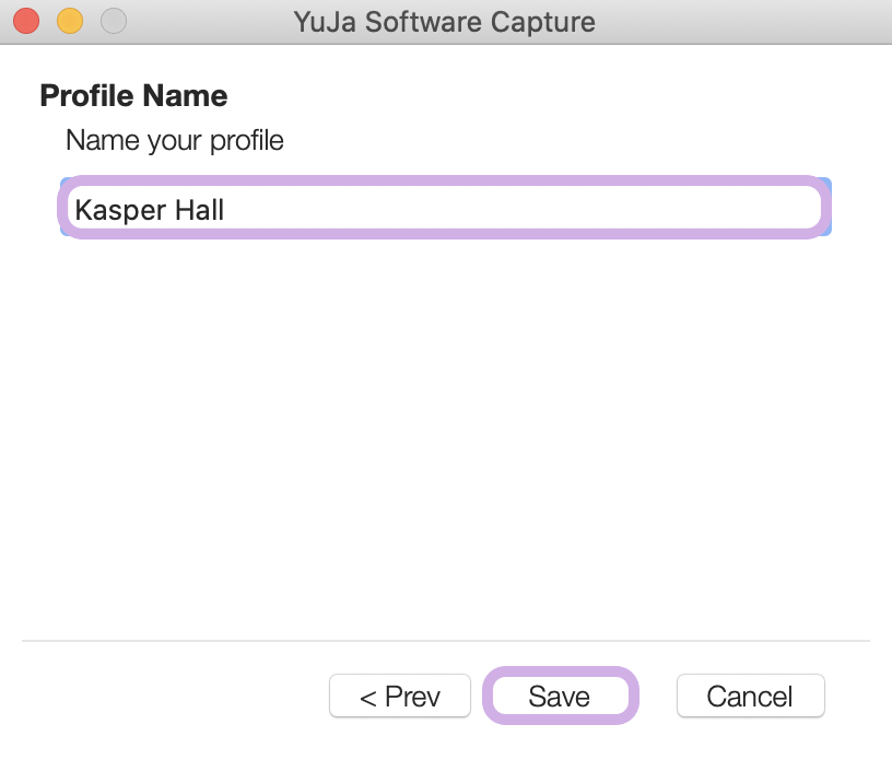 A profile name has been entered and the Save button is highlighted.