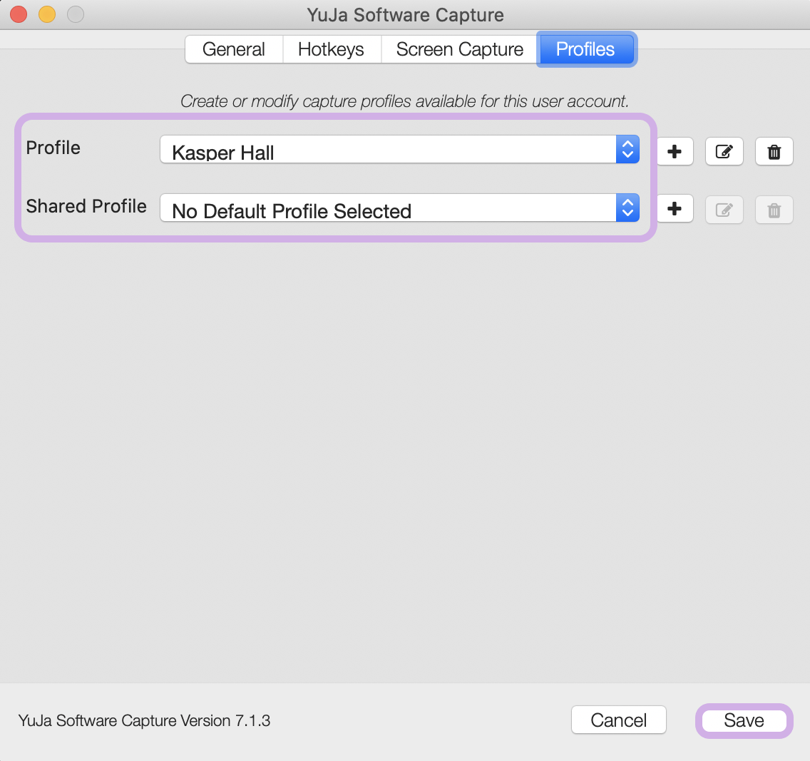 The profiles tab in settings featuring the newly created profile. The Save button is highlighted.
