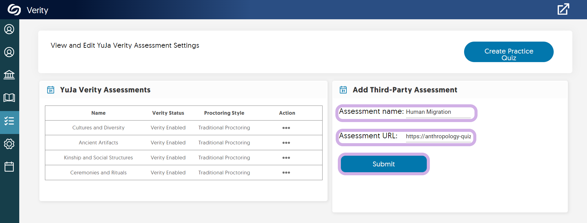 The Add Third-Party Assessment panel features a name and url for an assessment.