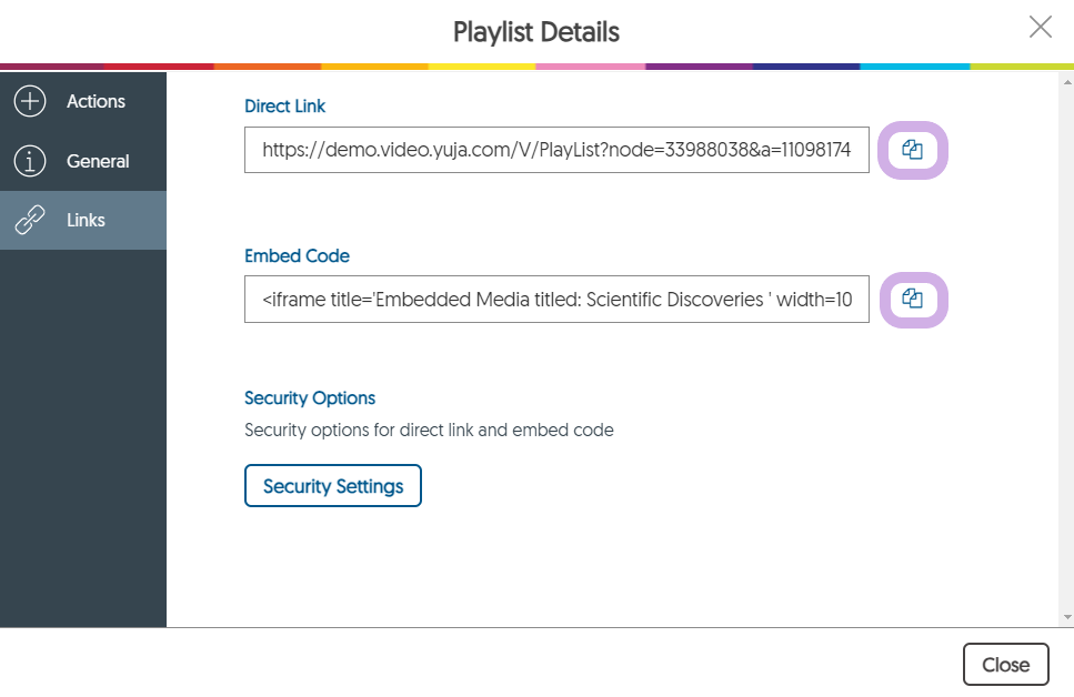 The Links tab inside the Playlist Details window.