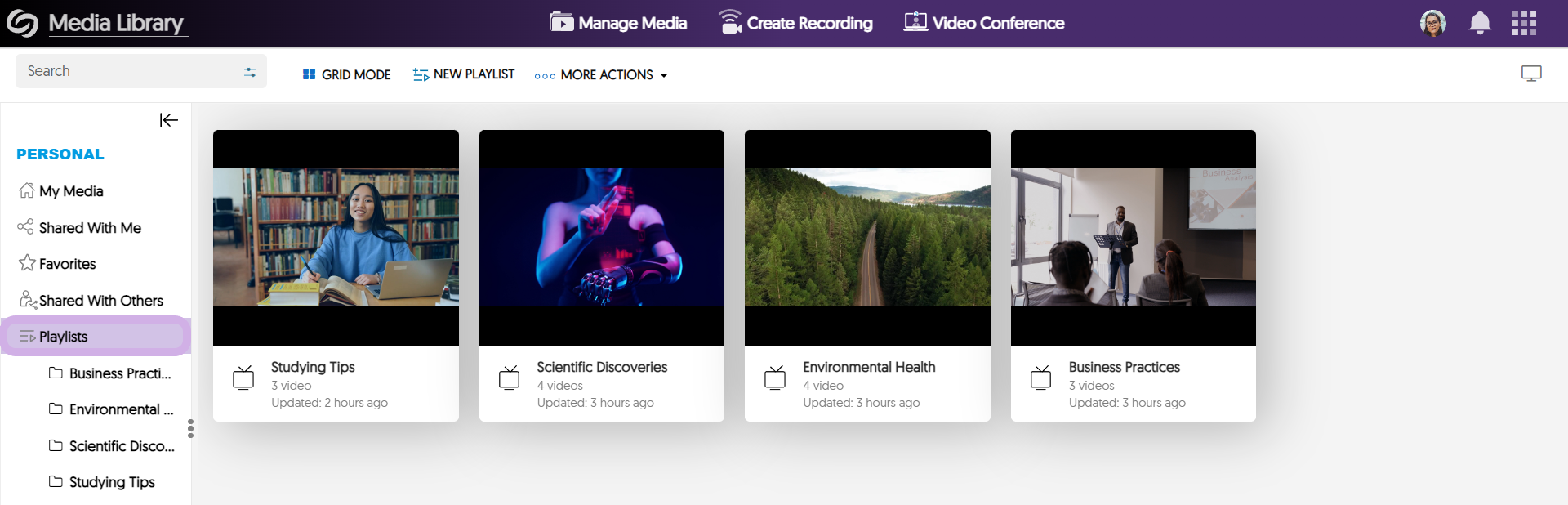 The Video Platform features the Playlist feature with various playlist folders created under the list of Personal channels.