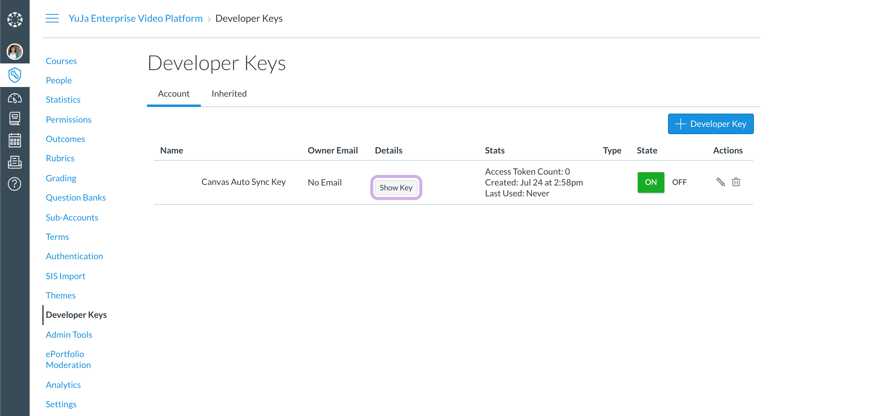 Developer Key page highlighting API Key.