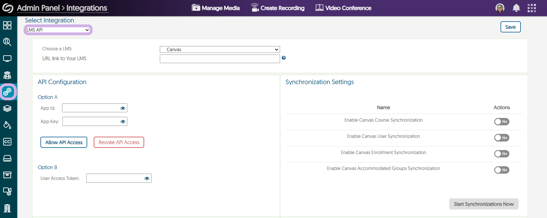 The integrations page in the Admin Panel.