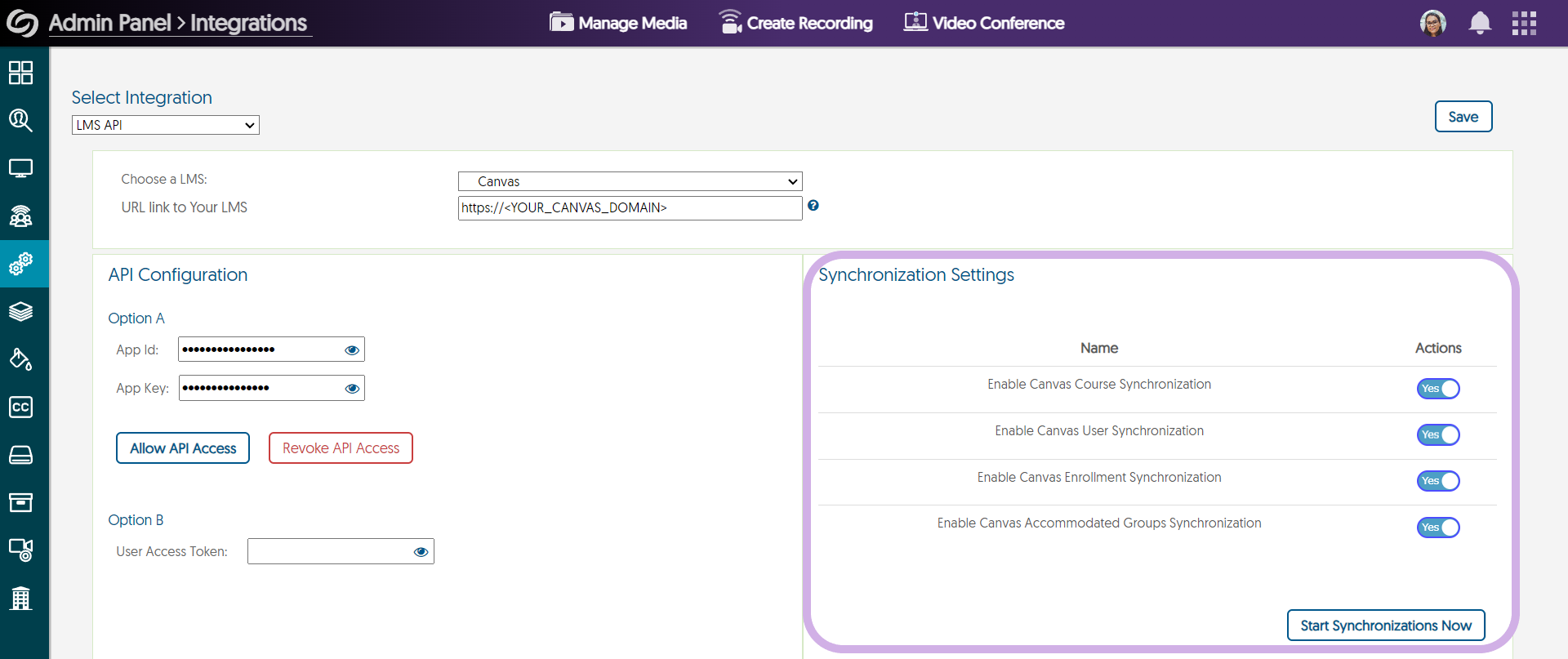 Synchronization settings in the integration page.