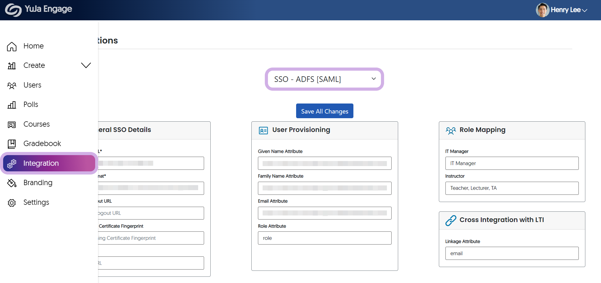 The YuJa Engage SSO ADFS integrations page.