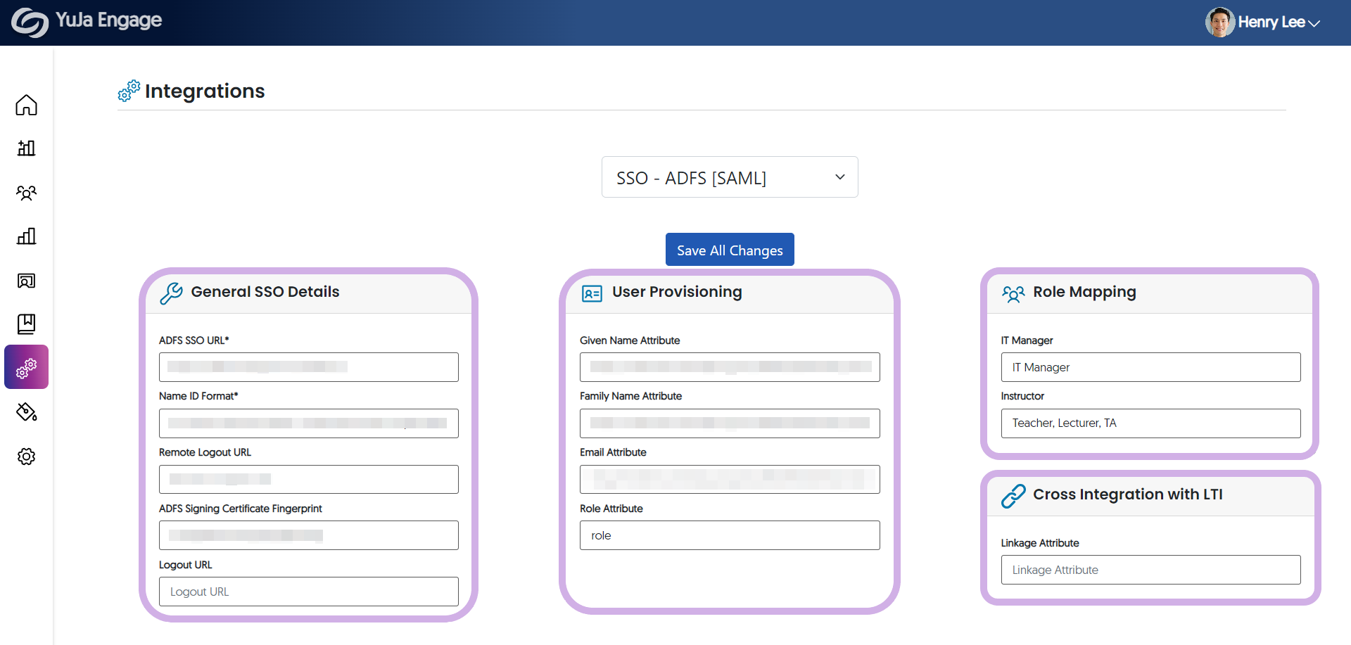 The YuJa Engage SSO ADFS integrations page shows information for the integration filled out.