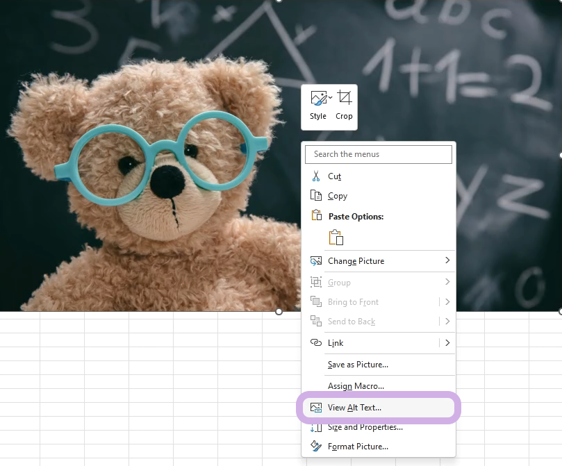 An image of a teddy bear in front of a chalkboard has been right-clicked and the View Alt Text... setting is highlighted.