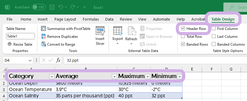 In Excel, the Table Design tab, Header Row setting, and the column header titles are highlighted.