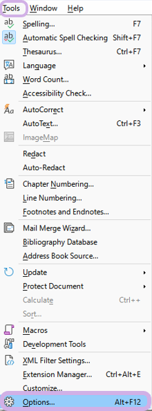 Tools is highlighted in the LibreOffice menu along with the Options tab.