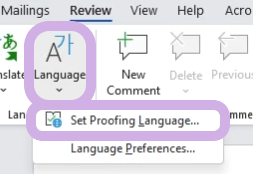 In the Review tab, Language and Set Proofing Language are highlighted.