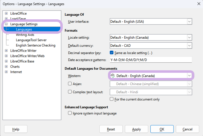 In the options menu, Languages is highlighted along with the Default language drop-down menu.