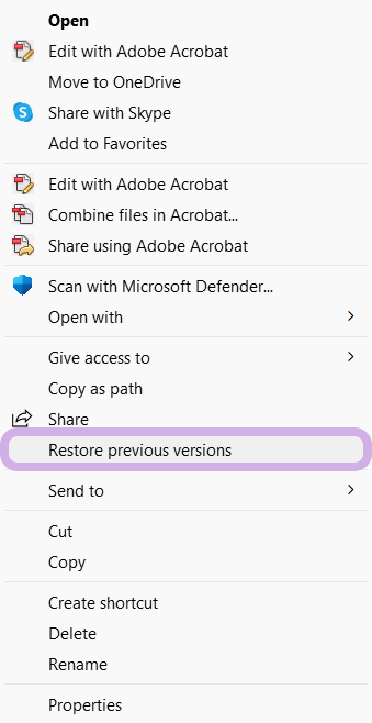 The 'Restore previous versions' button is highlighted.